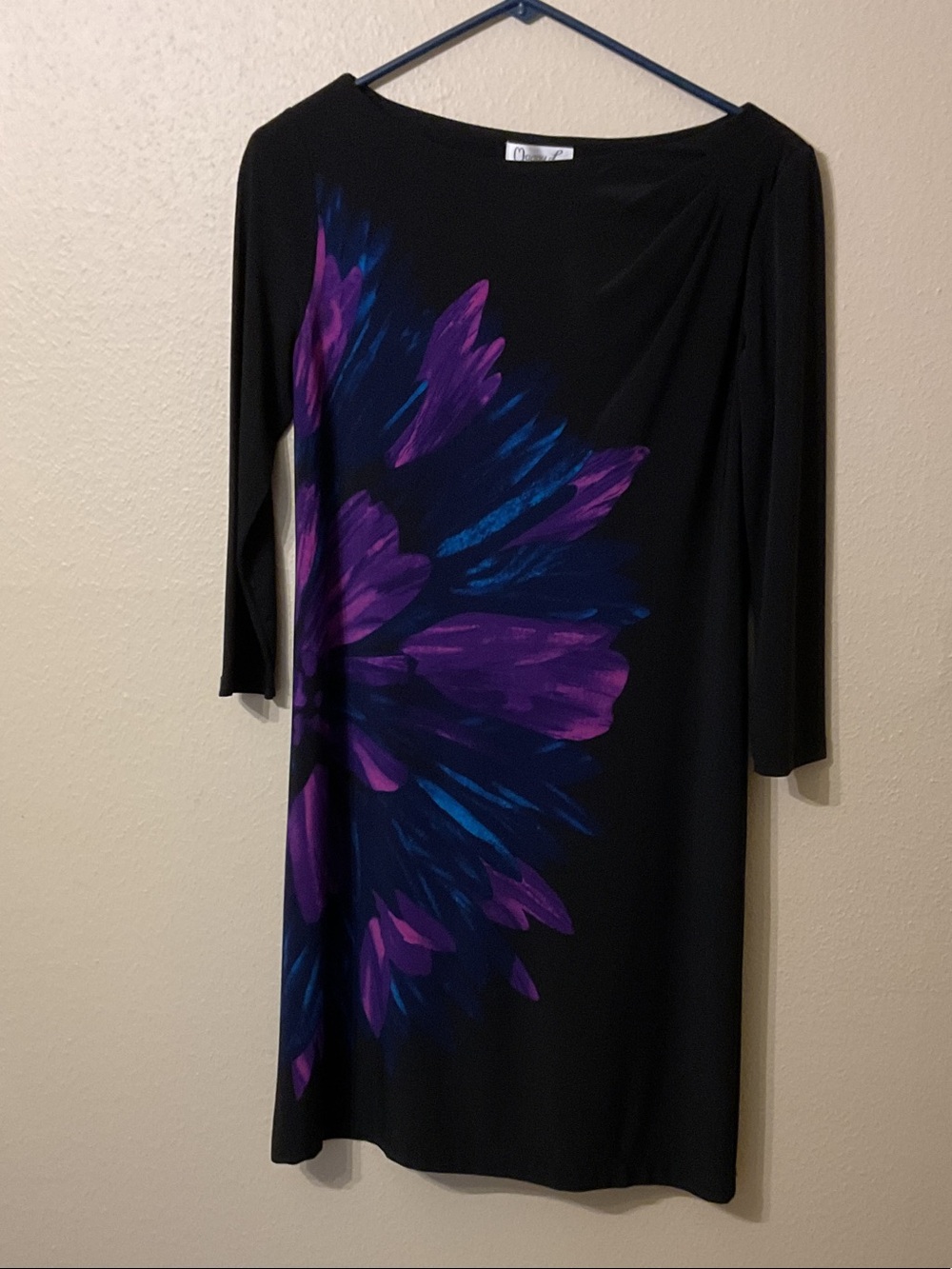 Maggy L Black Long-Sleeve Dress with Purple & Blue Floral Burst Size 4